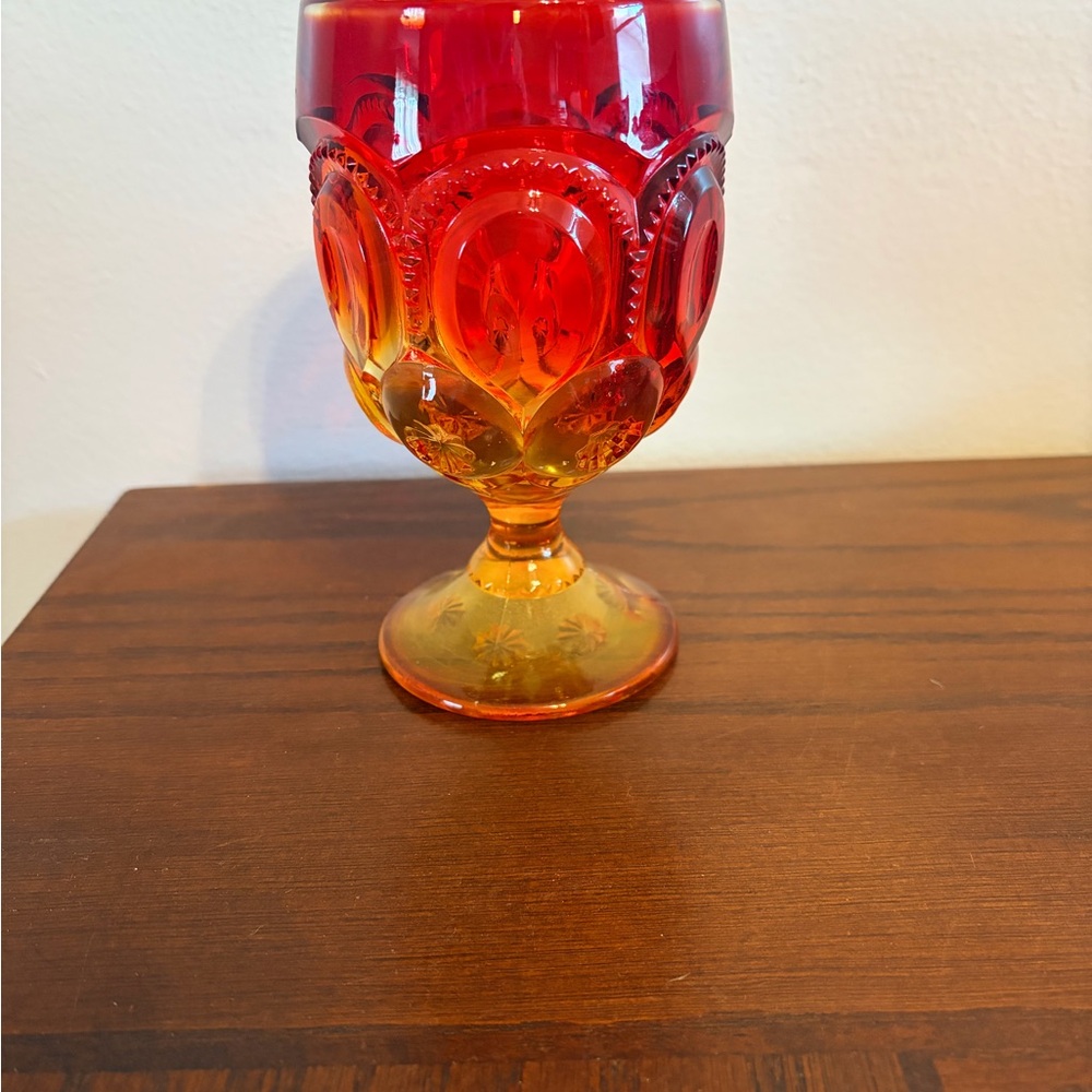 Vtg L.E. Smith Amberina Moon and Stars Red Glass Water Goblet 6" MCM Glows